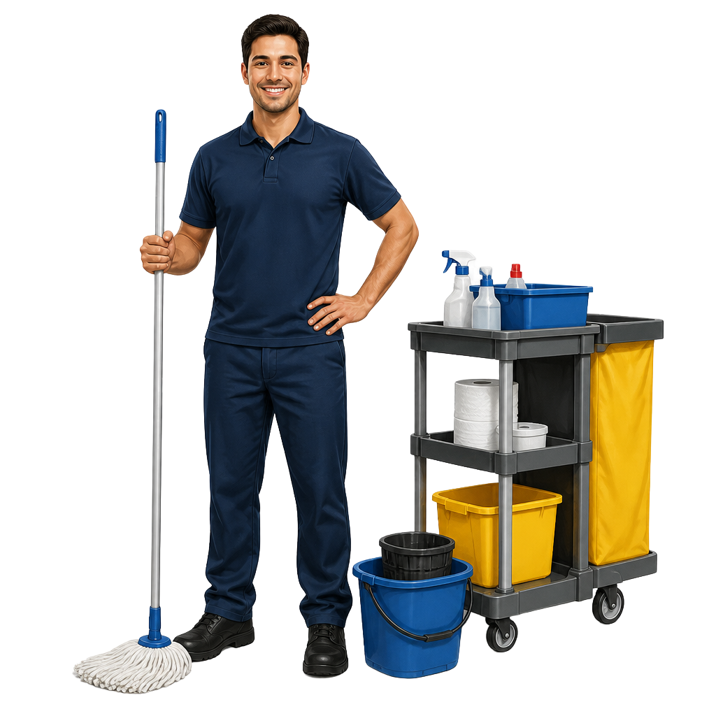 Professional janitor with mop, bucket, and cleaning cart